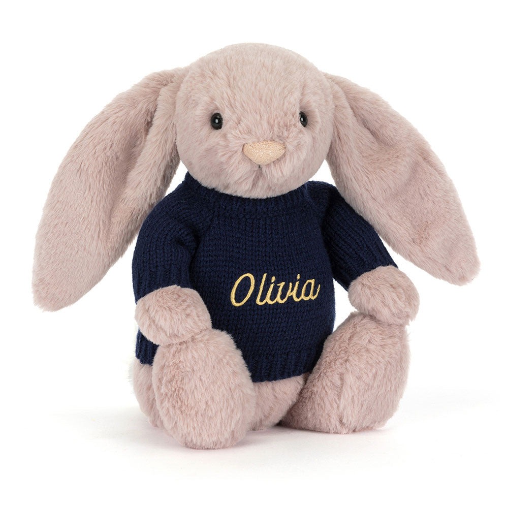 Bashful Luxe Bunny Rosa with Personalized Navy Jumper