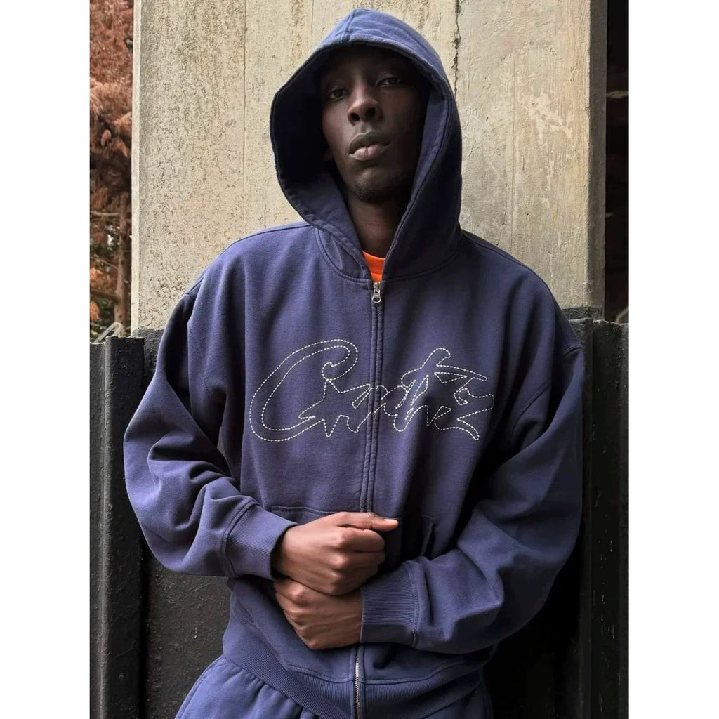 Corteiz Vibe Knit Cardigan Hoodie Set – Navy Blue