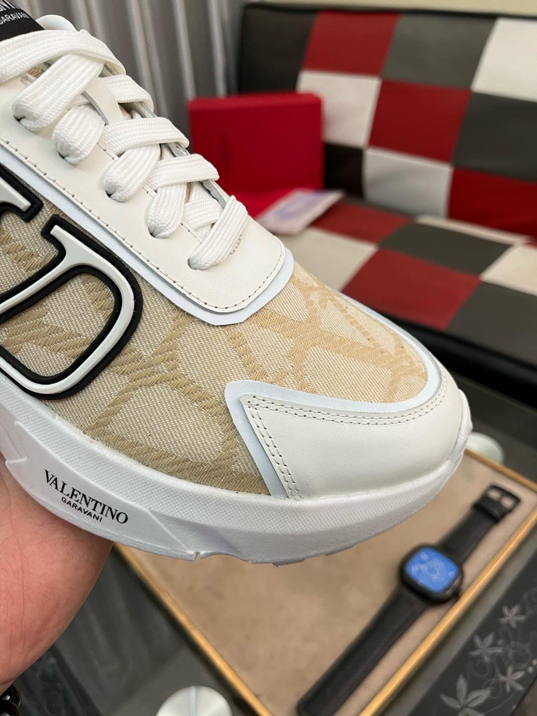 Valentino Cream and Beige V-Motif Sneakers
