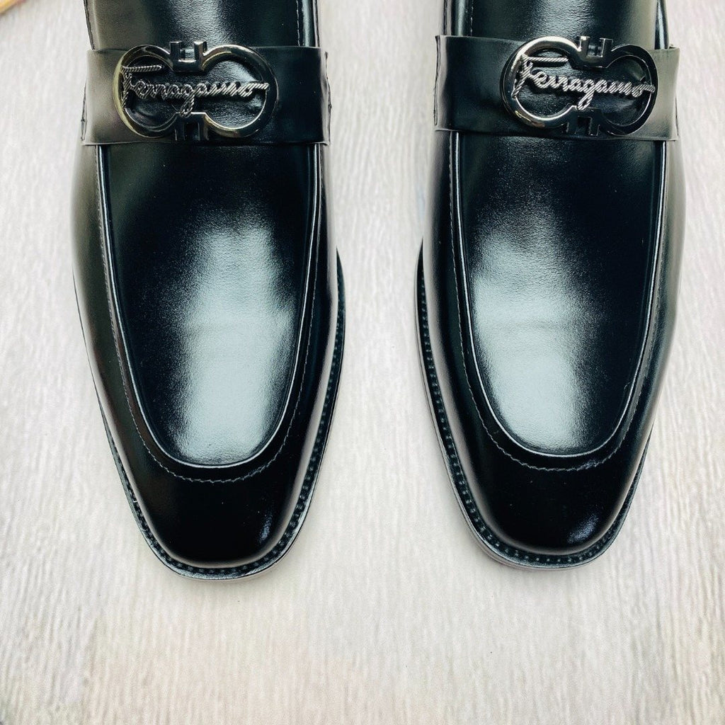 Ferragamo Black Metal-Accent Loafers