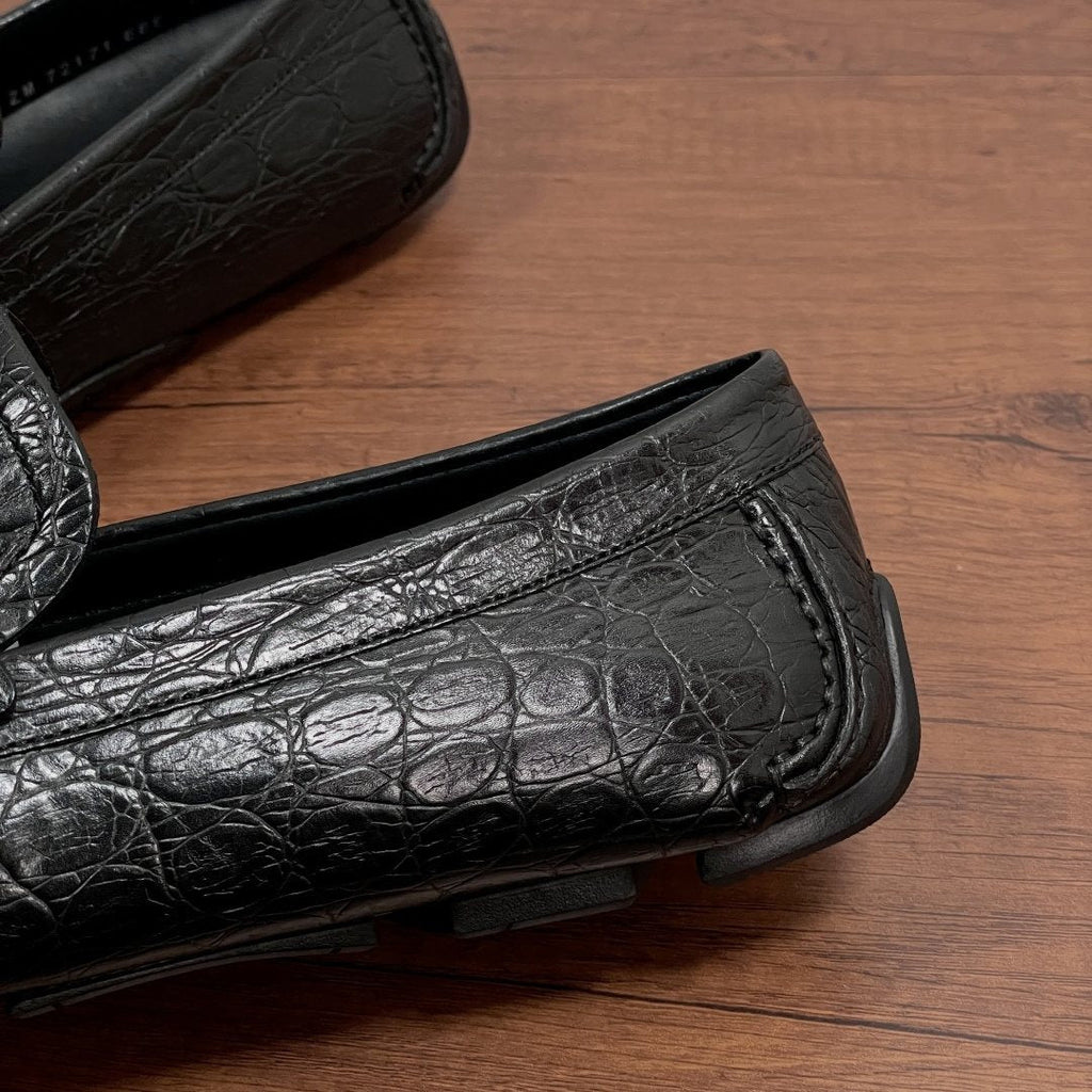 Ferragamo Black Crocodile-Embossed Driving Loafers