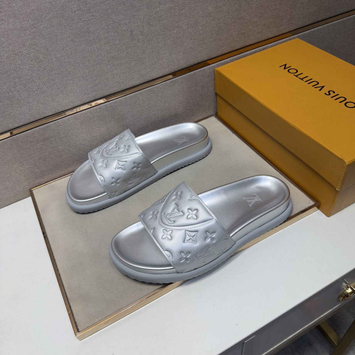 Louis Vuitton Men's Embossed Strap Slide Sandals - Textured Tread Outsole