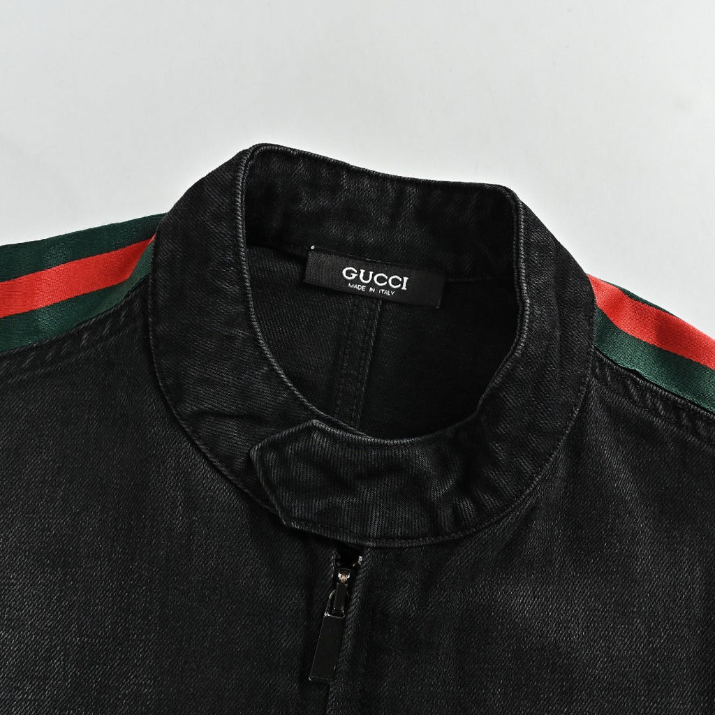Gucci Red Green Web Stripe Moto Denim Jacket Black